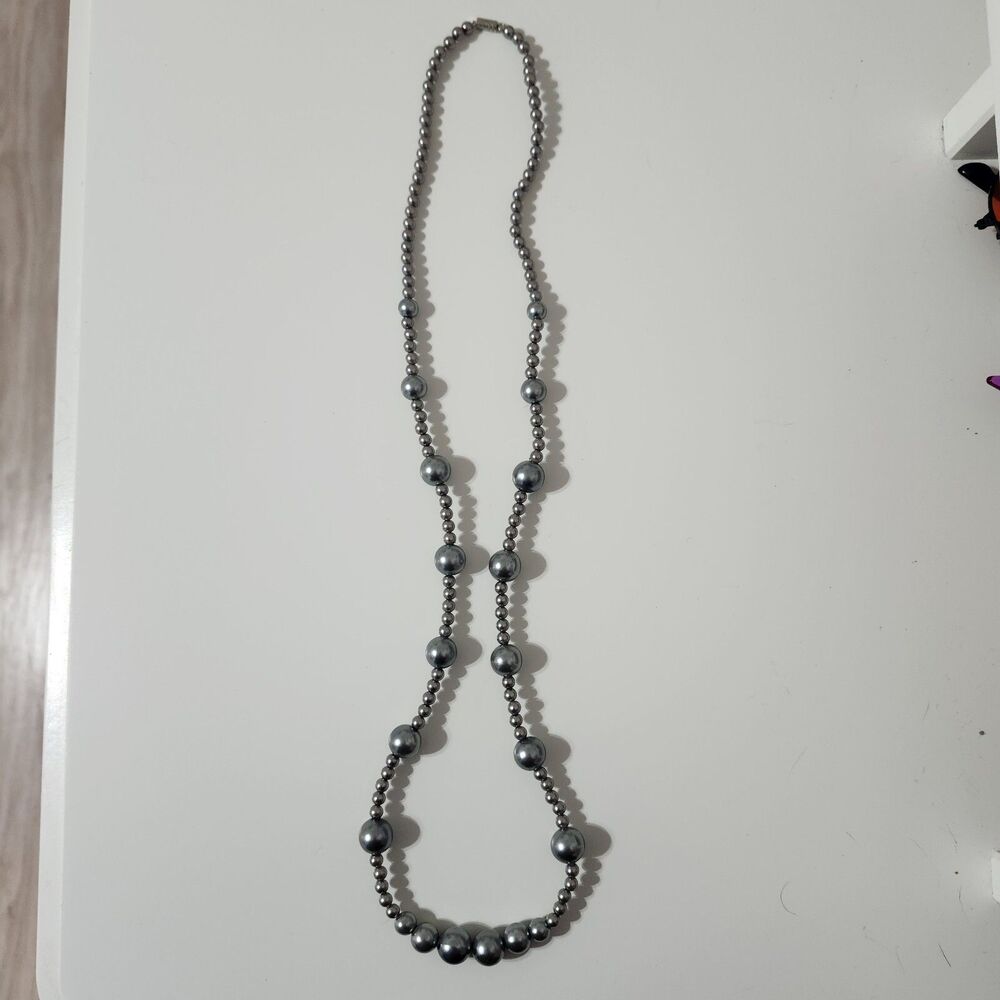 Gray Round Beaded Twist Lock Barrel Necklace Graduated Long Silver Tone